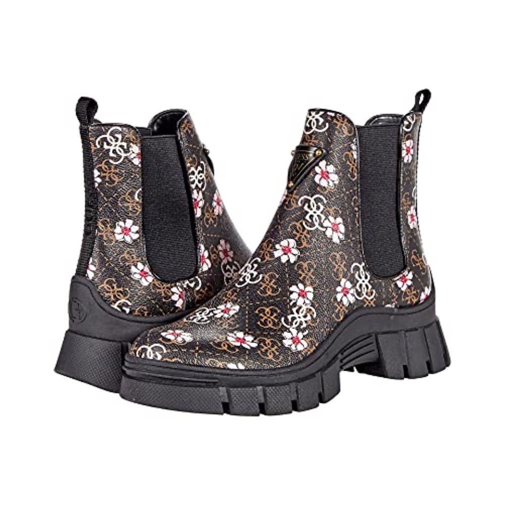 Guess Brown Pink Floral Logo Chunky Lug Sole Pull On Hestia Boots Spring
